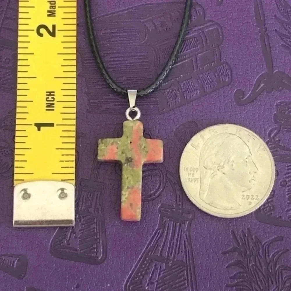 Unakite  Cross Natural Braided Stainless Steel Necklace NWT
